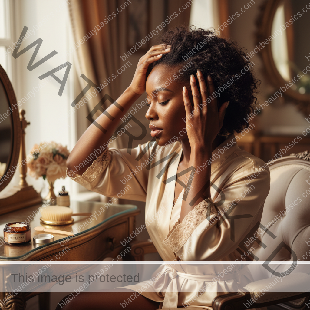 Melanin-rich Black woman with rich brown skin and textured hair in a warm editorial scalp-care moment for Scalp Tenderness on Black Women: What Patterns to Notice