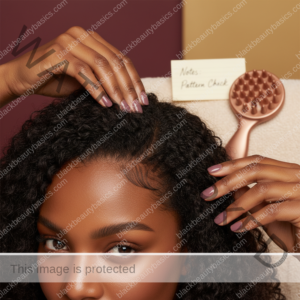 Melanin-rich Black woman with rich brown skin and textured hair using a practical scalp-care step with natural hands and correct anatomy