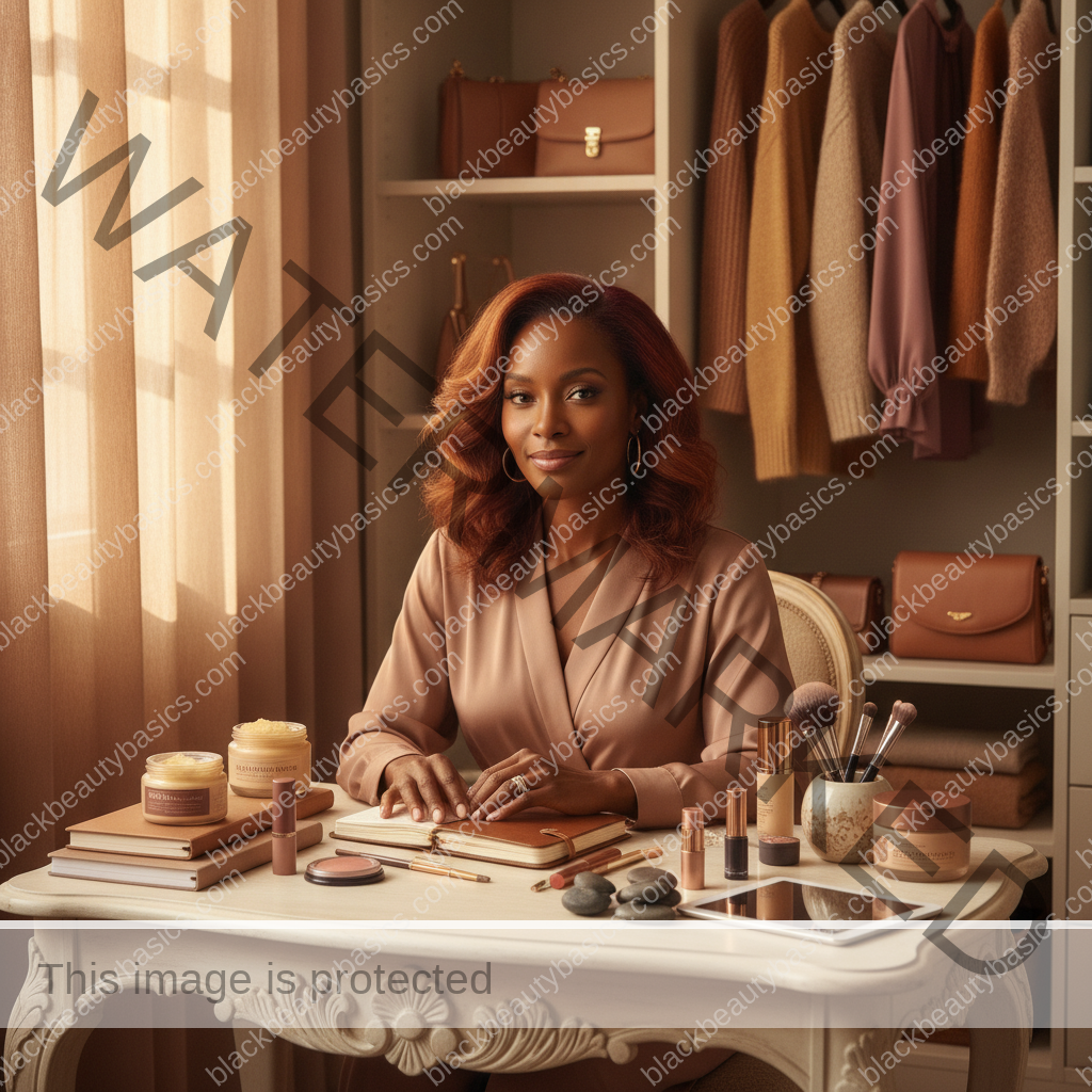 Melanin-rich Black woman with rich brown skin relaxed after defining beauty on her own terms