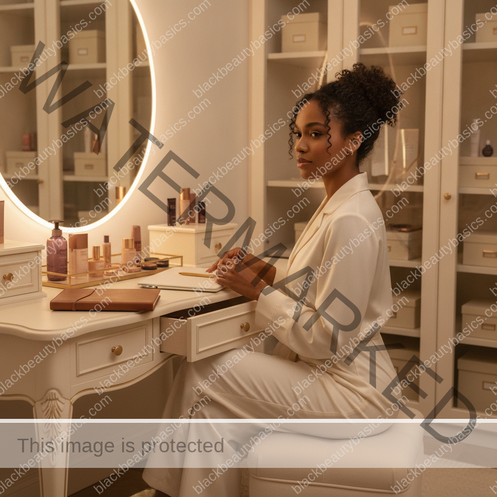 Melanin-rich Black woman with rich brown skin navigating beauty choices in a realistic editorial setting