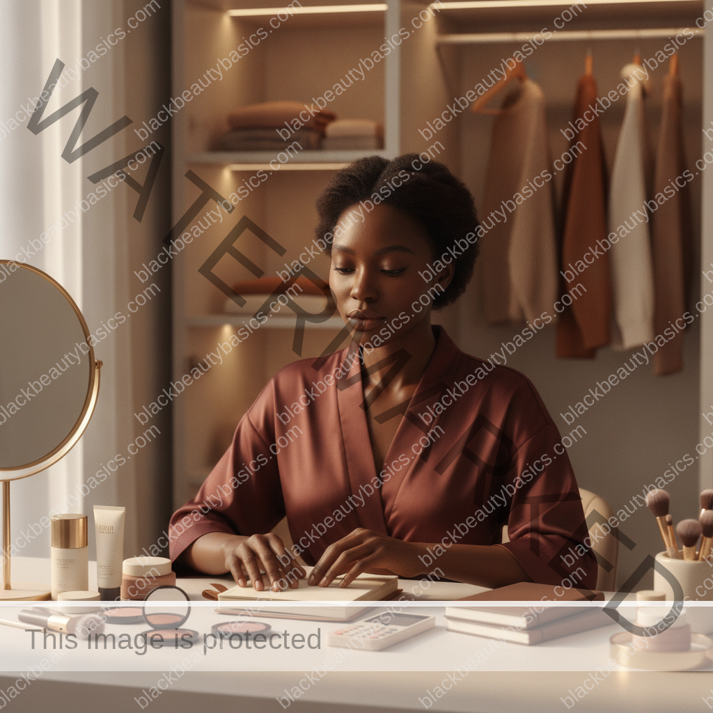 Melanin-rich Black woman with rich brown skin in a calm reflective beauty moment