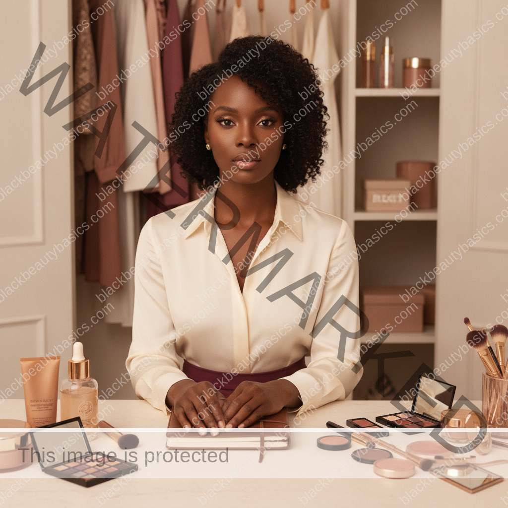 Melanin-rich Black woman with rich brown skin in a warm editorial beauty identity moment for Seasonal Beauty Closet Edit for Black Women