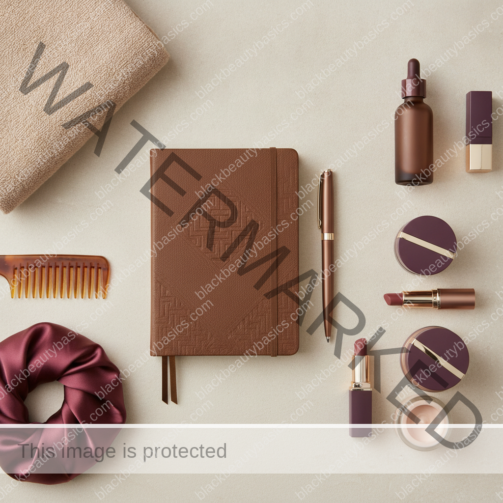 Clean intentional beauty flat lay for Seasonal Beauty Closet Edit for Black Women in ivory plum bronze and soft gold tones