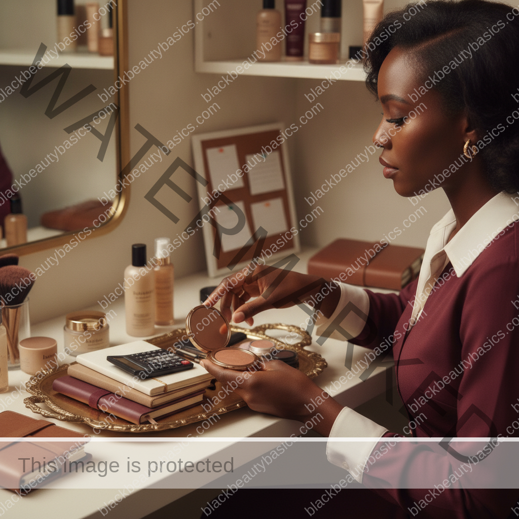 Melanin-rich Black woman with rich brown skin completing an intentional beauty decision step with natural hands