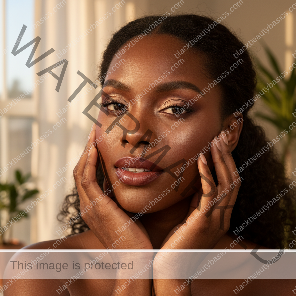 Melanin-rich Black woman with rich brown skin and textured hair relaxed with dimensional makeup for deep skin