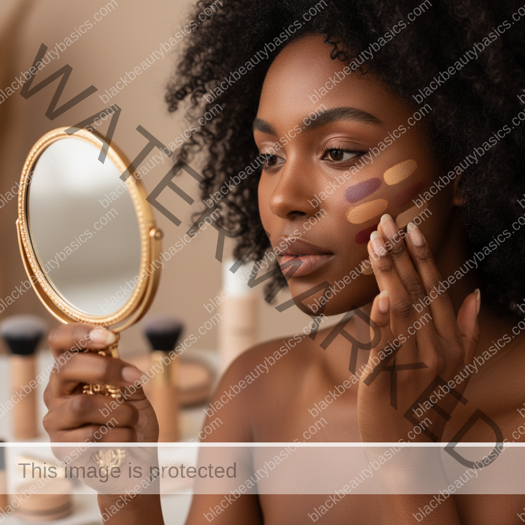 Melanin-rich Black woman with rich brown skin and textured hair in a calm mirror moment checking makeup undertone and finish