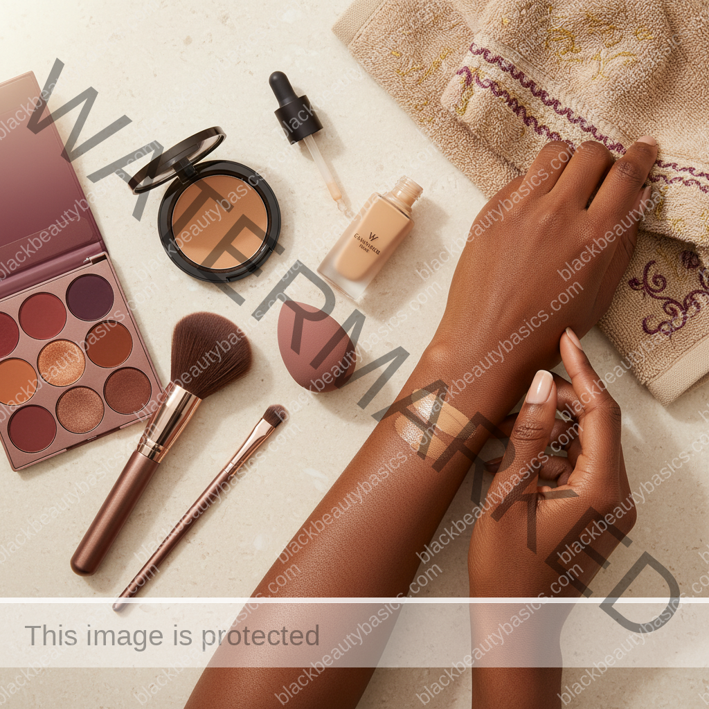 Deep skin makeup essentials for How to Shade-Match Foundation in Store on Deep Skin in ivory plum bronze and soft gold tones