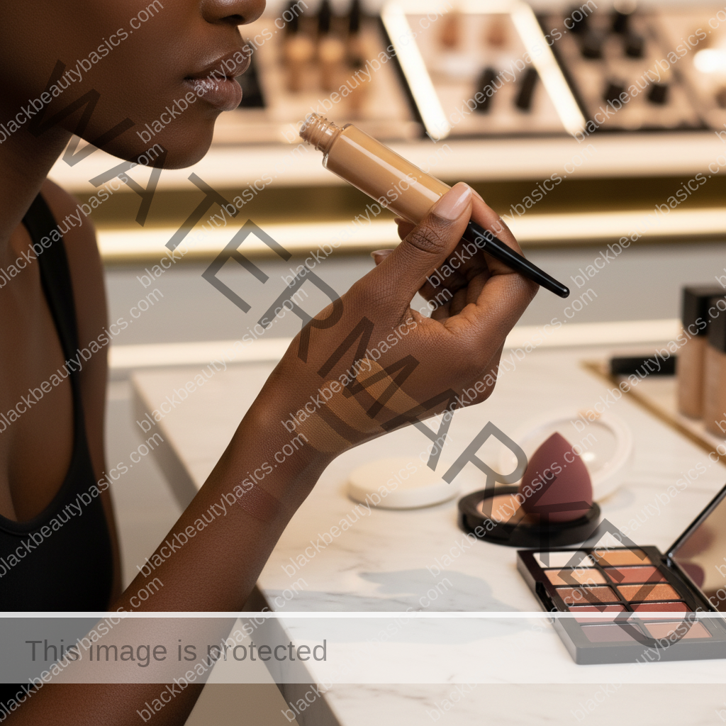 Melanin-rich Black woman with rich brown skin and textured hair using a practical makeup application step with natural hands and correct anatomy