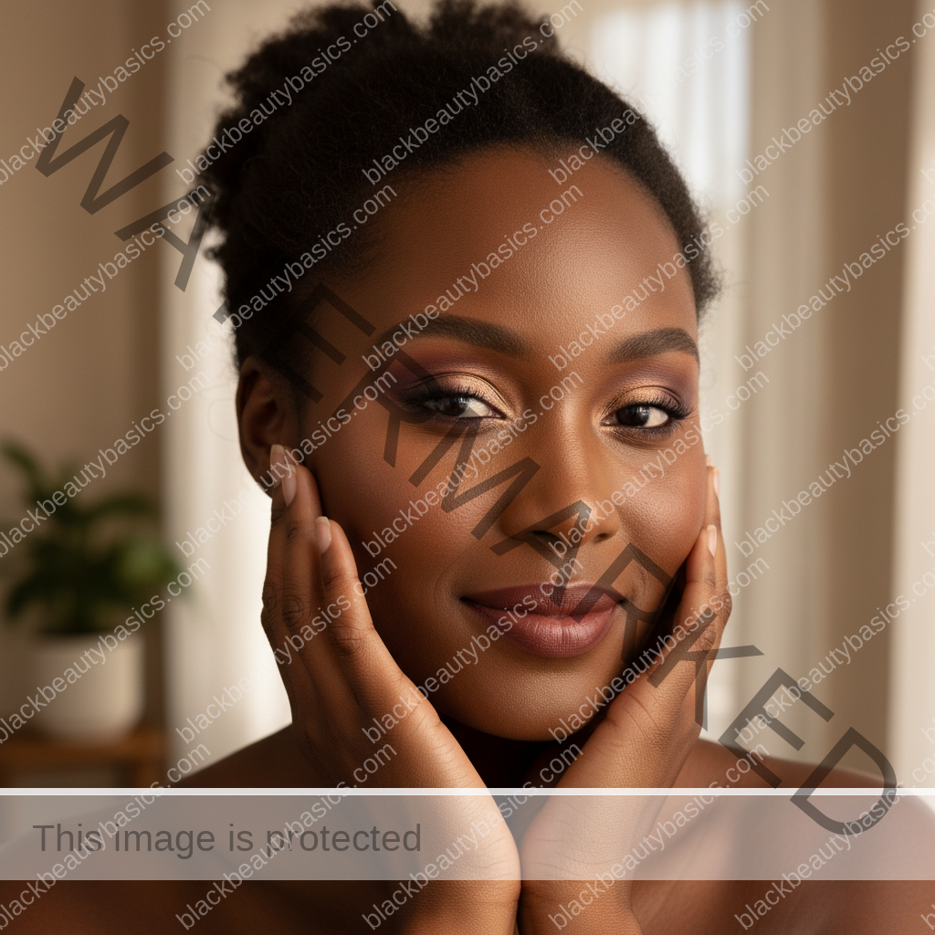 Melanin-rich Black woman with rich brown skin and textured hair relaxed with dimensional makeup for deep skin