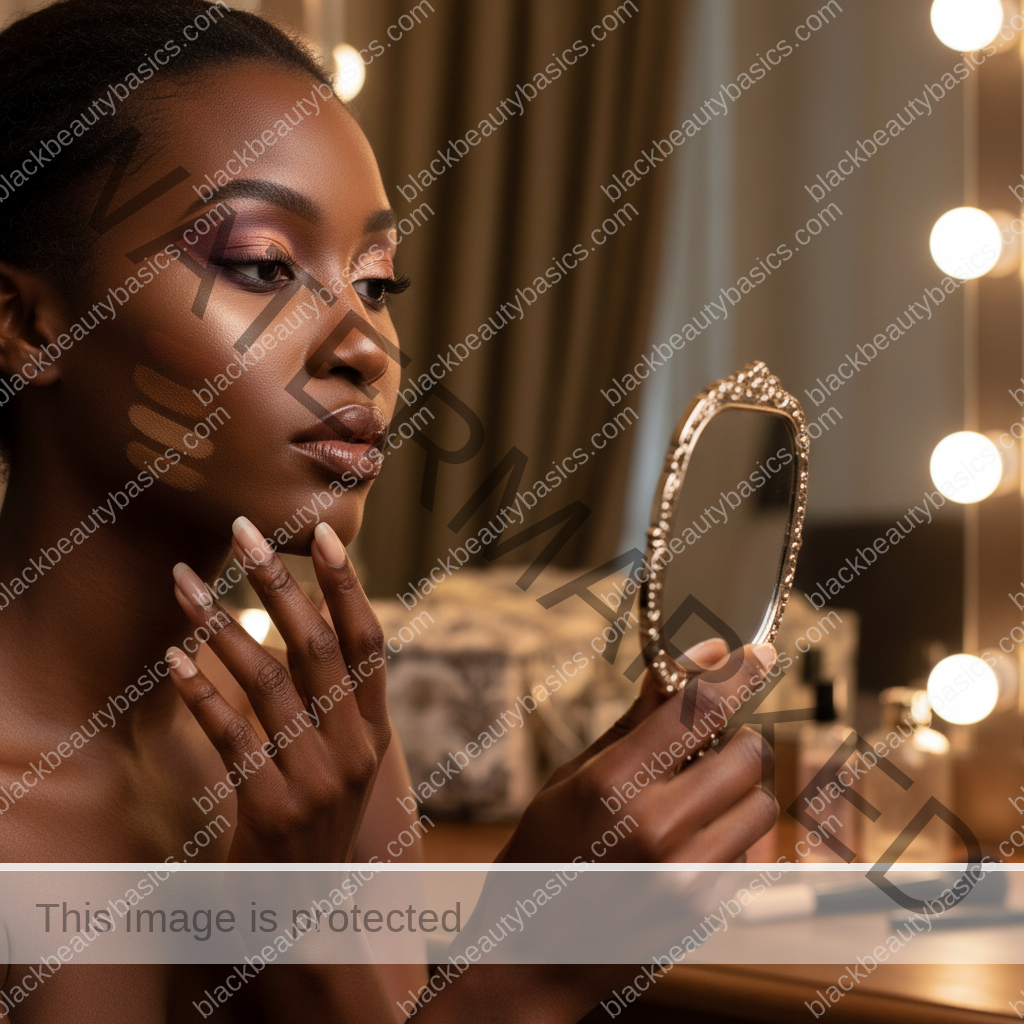 Melanin-rich Black woman with rich brown skin and textured hair in a calm mirror moment checking makeup undertone and finish