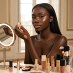 Melanin-rich Black woman with rich brown skin and textured hair in a warm editorial makeup moment for How to Shade-Match Foundation Online for Dark Skin
