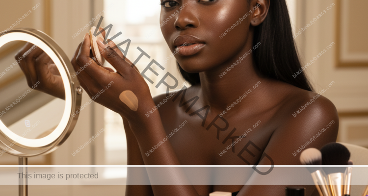 Melanin-rich Black woman with rich brown skin and textured hair in a warm editorial makeup moment for How to Shade-Match Foundation Online for Dark Skin