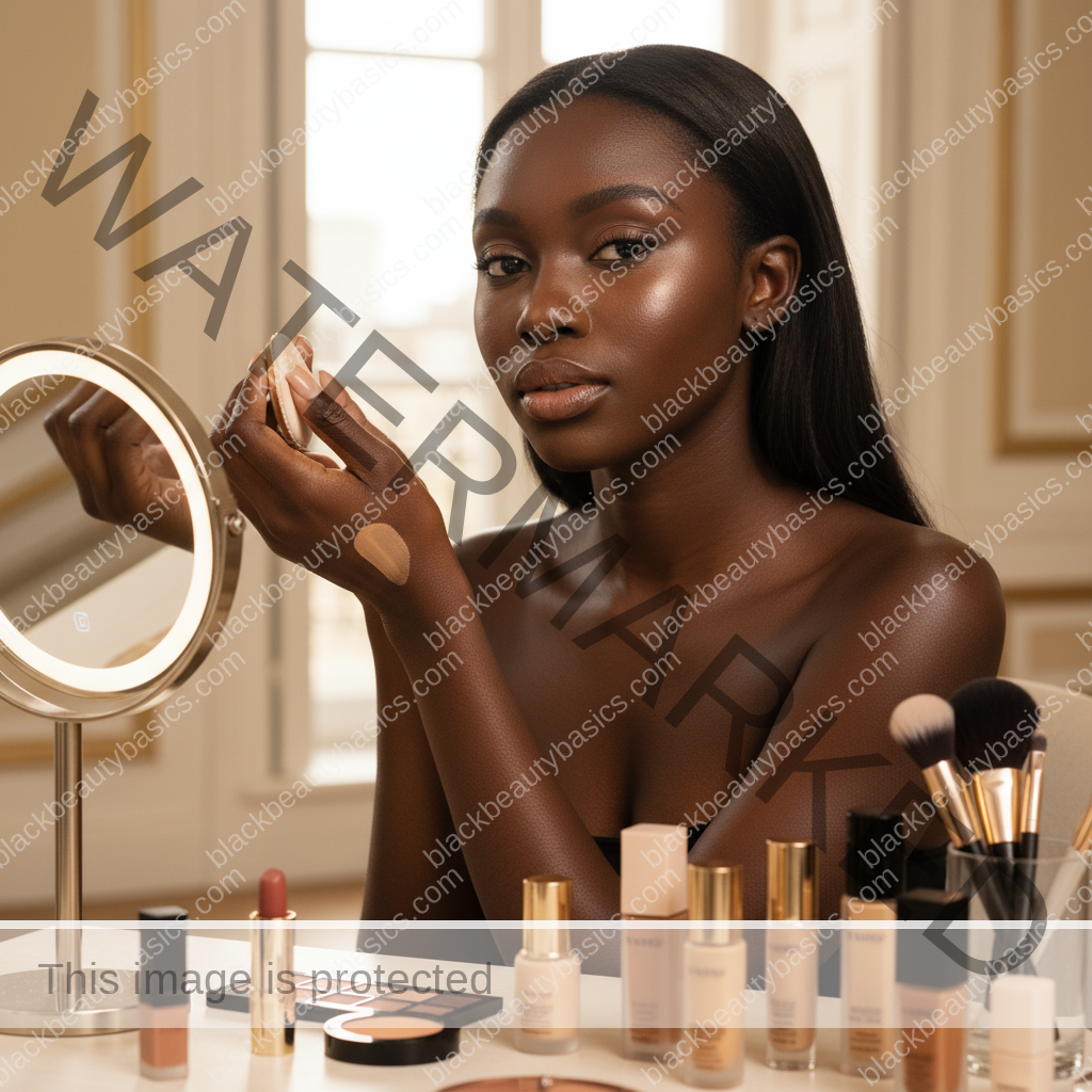 Melanin-rich Black woman with rich brown skin and textured hair in a warm editorial makeup moment for How to Shade-Match Foundation Online for Dark Skin