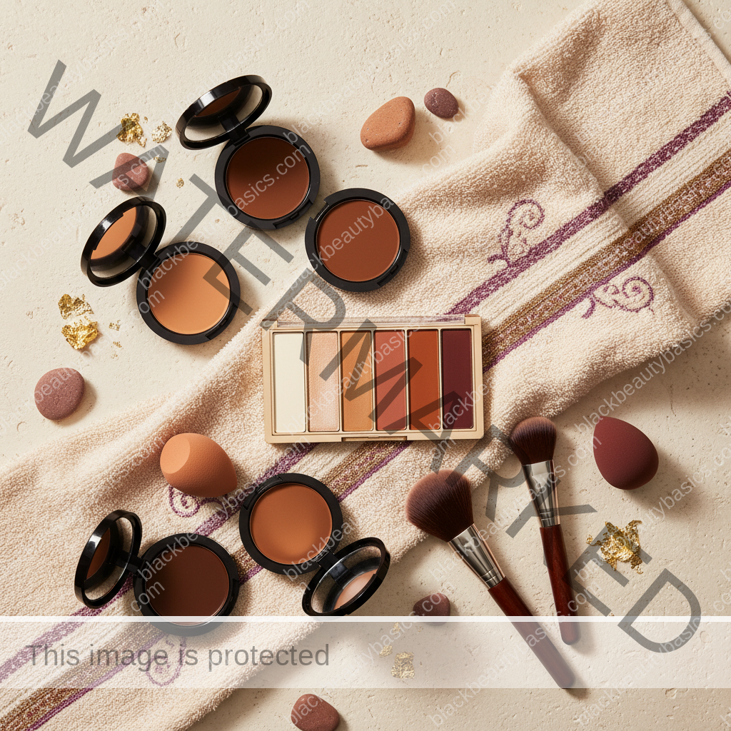 Deep skin makeup essentials for How to Shade-Match Foundation Online for Dark Skin in ivory plum bronze and soft gold tones