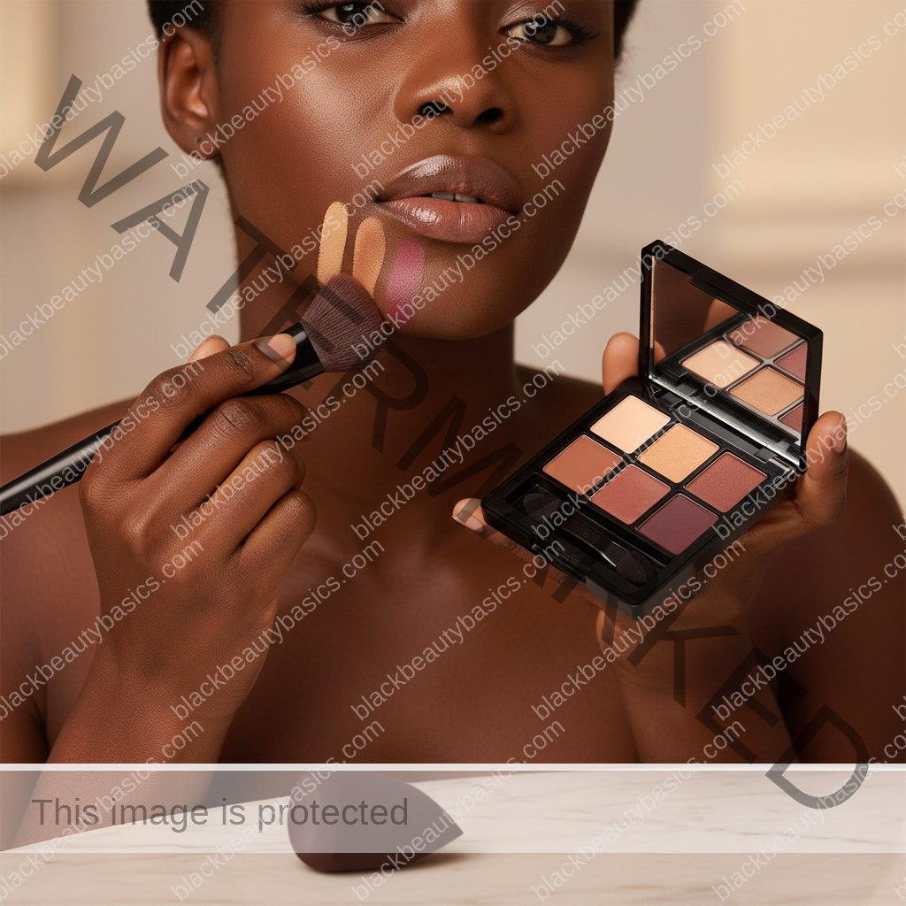 Melanin-rich Black woman with rich brown skin and textured hair using a practical makeup application step with natural hands and correct anatomy