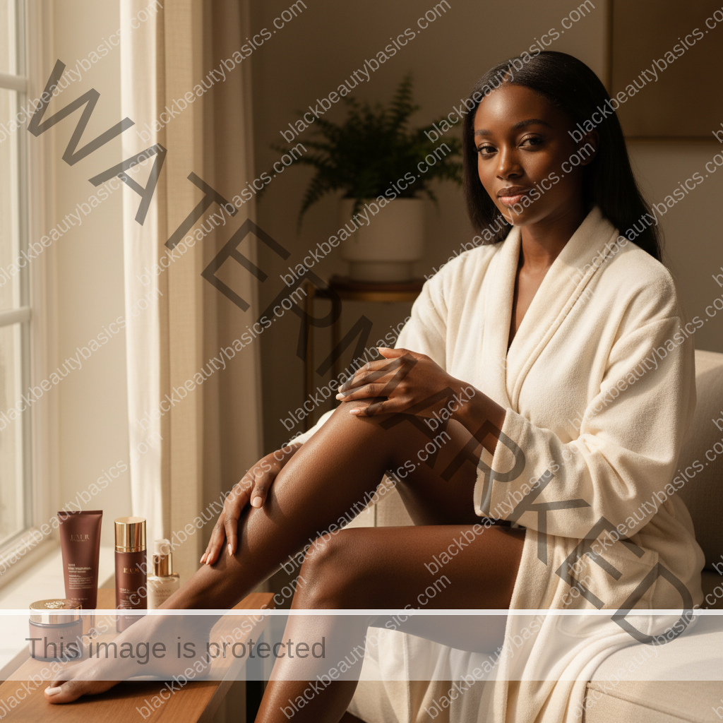 Melanin-rich Black woman with rich brown skin relaxed after a gentle body care routine