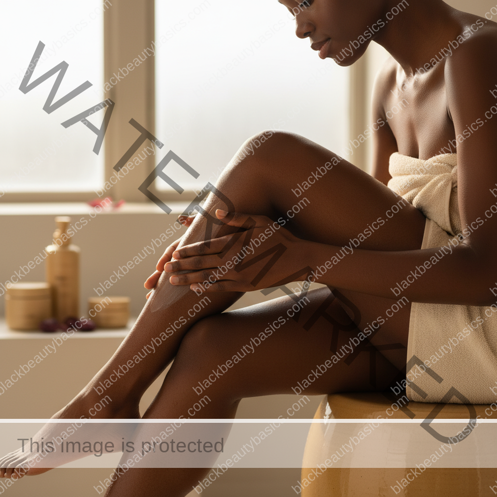 Melanin-rich Black woman with rich brown skin in a soft reassuring body care scene
