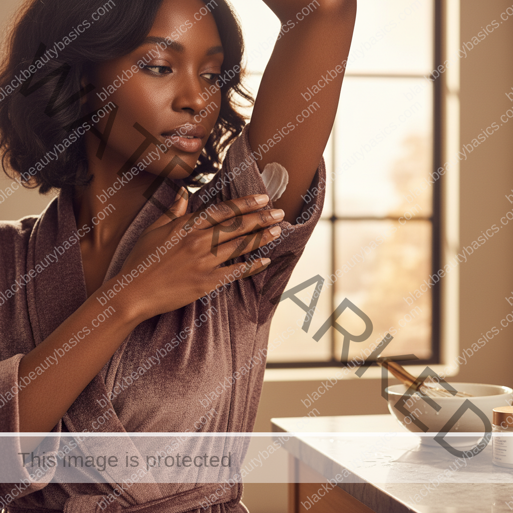 Melanin-rich Black woman with rich brown skin in a soft reassuring body care scene