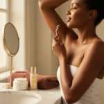Melanin-rich Black woman with rich brown skin in a warm editorial body care moment for How to Shave Underarms on Dark Skin With Less Irritation