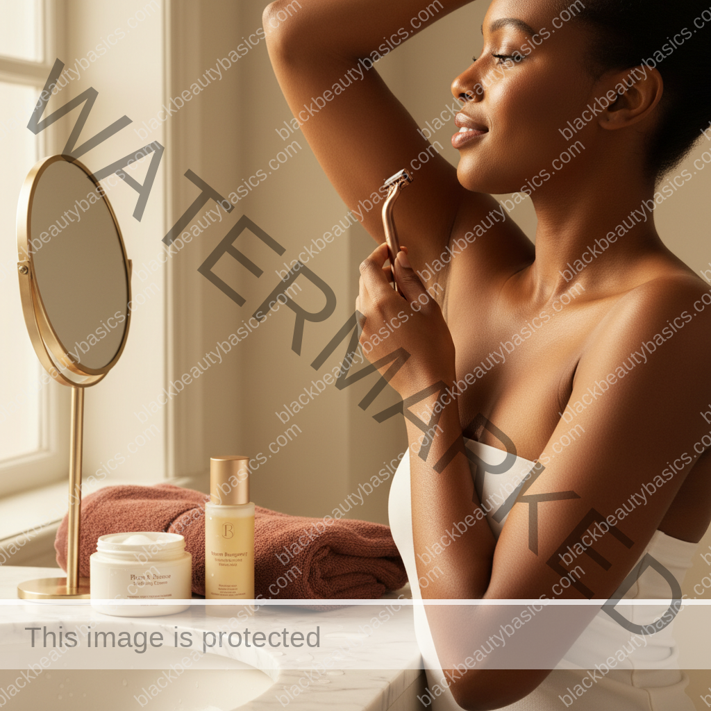 Melanin-rich Black woman with rich brown skin in a warm editorial body care moment for How to Shave Underarms on Dark Skin With Less Irritation