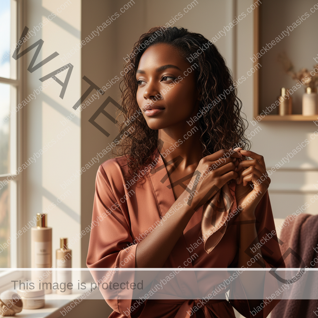 Melanin-rich Black woman with rich brown skin and textured hair relaxed after a gentle natural-hair routine