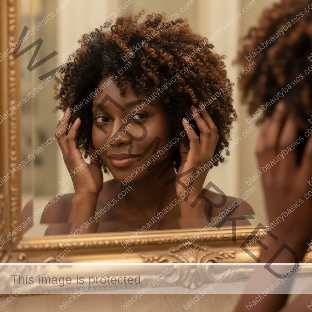 Melanin-rich Black woman with rich brown skin and textured hair in a calm mirror moment with natural hair