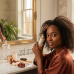 Melanin-rich Black woman with rich brown skin and textured hair in a warm editorial natural-hair routine moment for Silk Press Prep for Natural Hair Without Skipping Scalp Health
