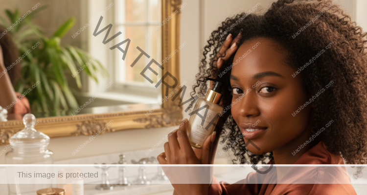 Melanin-rich Black woman with rich brown skin and textured hair in a warm editorial natural-hair routine moment for Silk Press Prep for Natural Hair Without Skipping Scalp Health