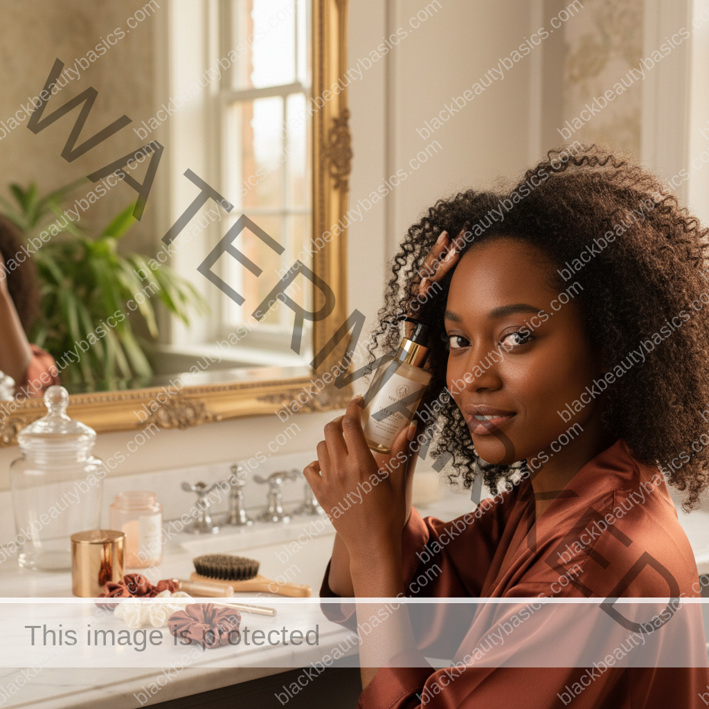 Melanin-rich Black woman with rich brown skin and textured hair in a warm editorial natural-hair routine moment for Silk Press Prep for Natural Hair Without Skipping Scalp Health