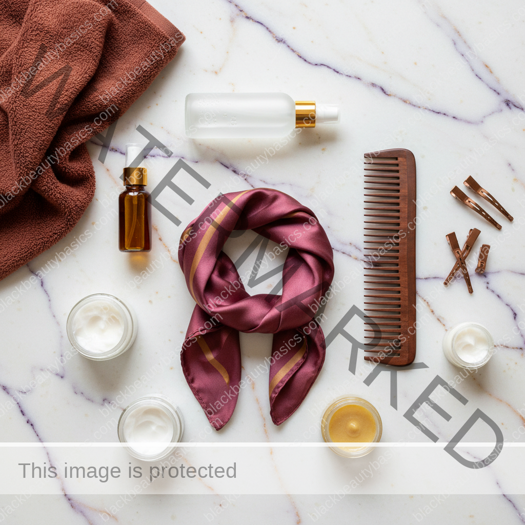 Natural-hair care essentials for Silk Press Prep for Natural Hair Without Skipping Scalp Health in ivory plum bronze and soft gold tones