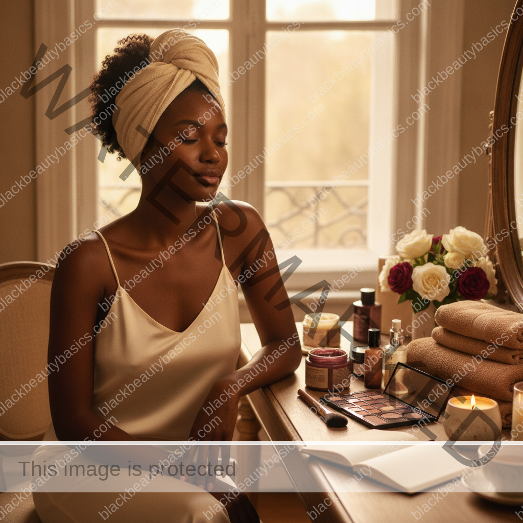 Melanin-rich Black woman with rich brown skin relaxed after a calm beauty ritual