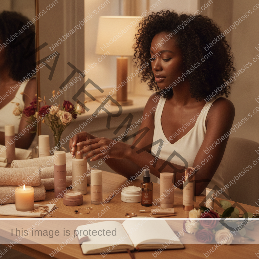 Melanin-rich Black woman with rich brown skin arranging beauty products in a realistic ritual setting