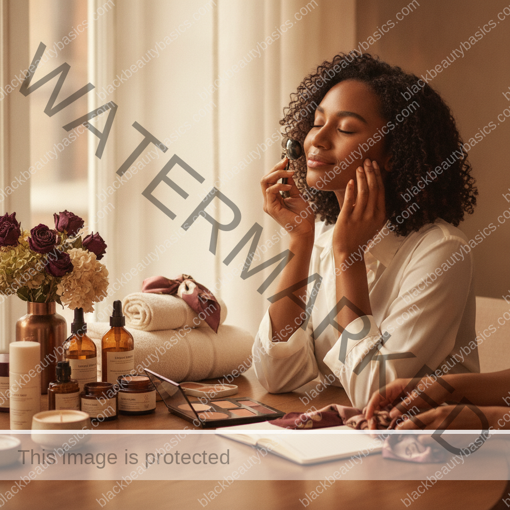 Melanin-rich Black woman with rich brown skin in a calm self-care ritual moment