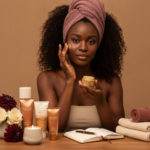 Melanin-rich Black woman with rich brown skin in a warm editorial beauty ritual moment for Small Everyday Luxuries for Melanin-Rich Skin and Textured Hair