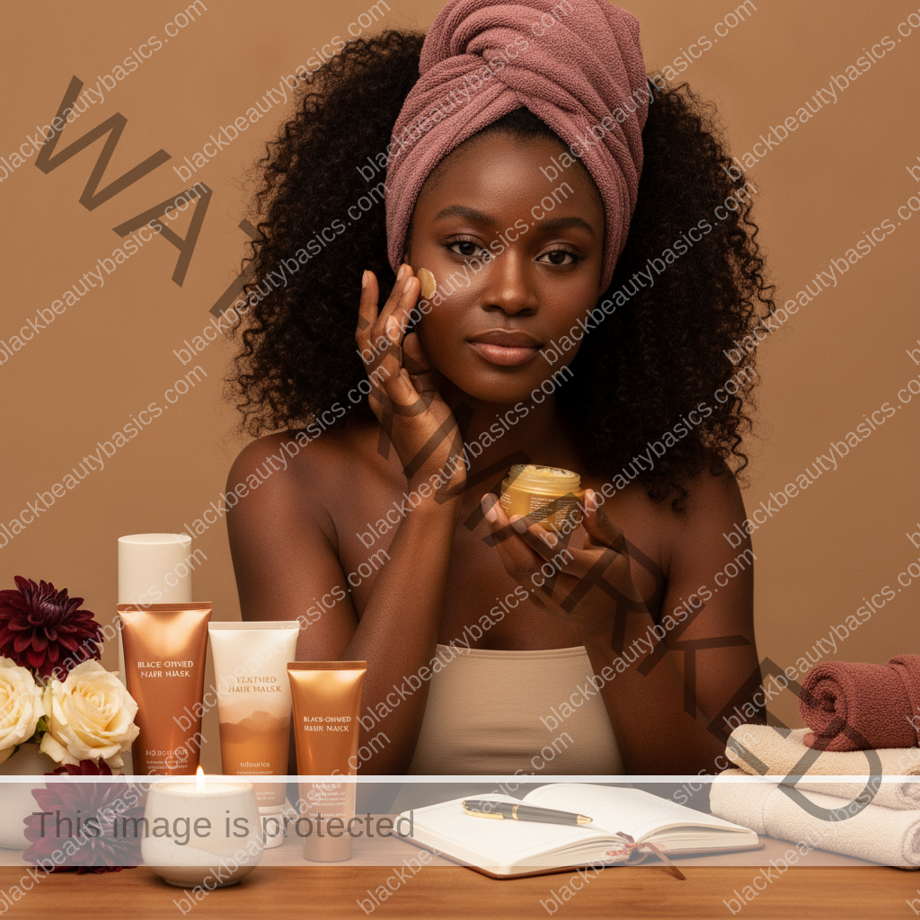 Melanin-rich Black woman with rich brown skin in a warm editorial beauty ritual moment for Small Everyday Luxuries for Melanin-Rich Skin and Textured Hair