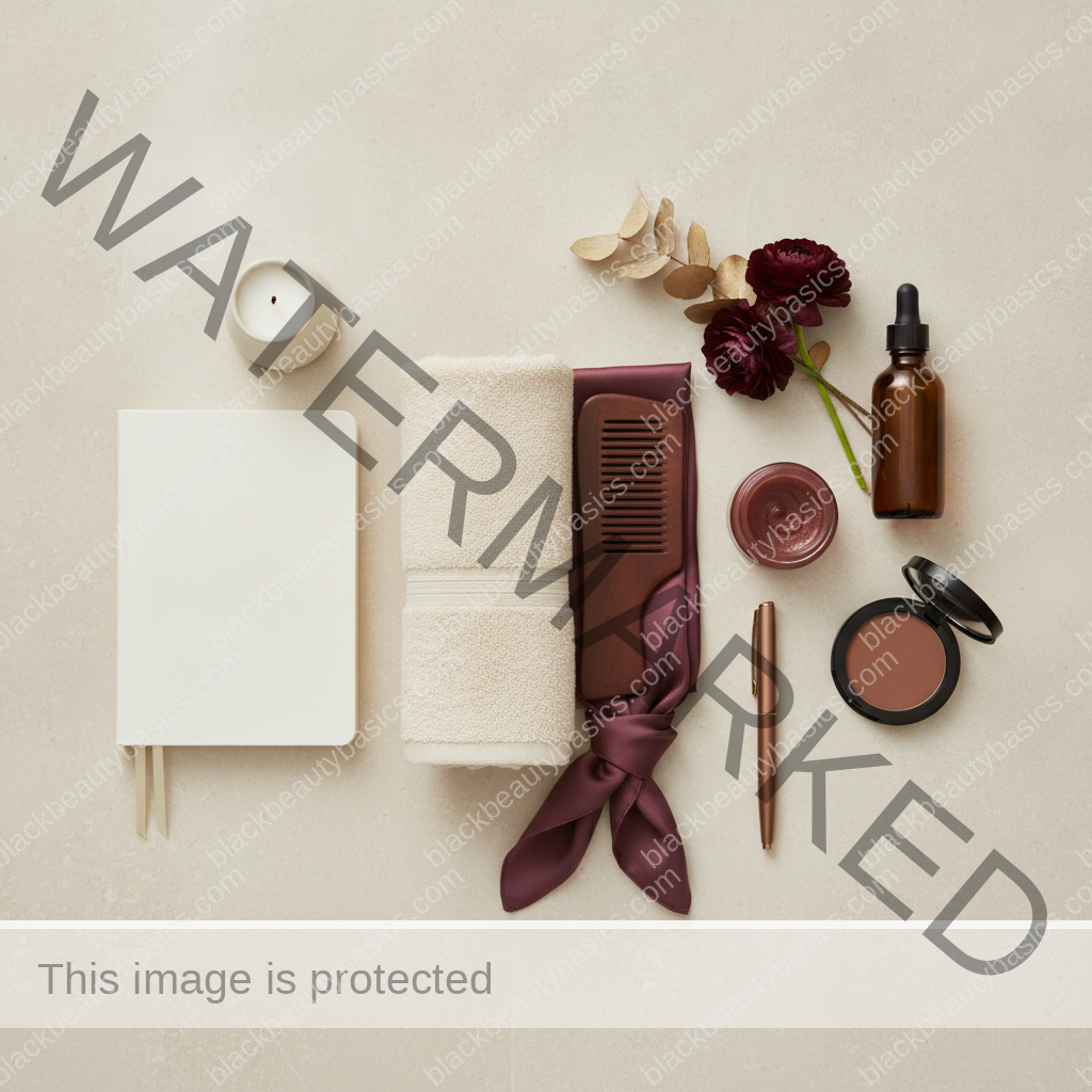 Clean self-care and beauty ritual flat lay for Small Everyday Luxuries for Melanin-Rich Skin and Textured Hair in ivory plum bronze and soft gold tones