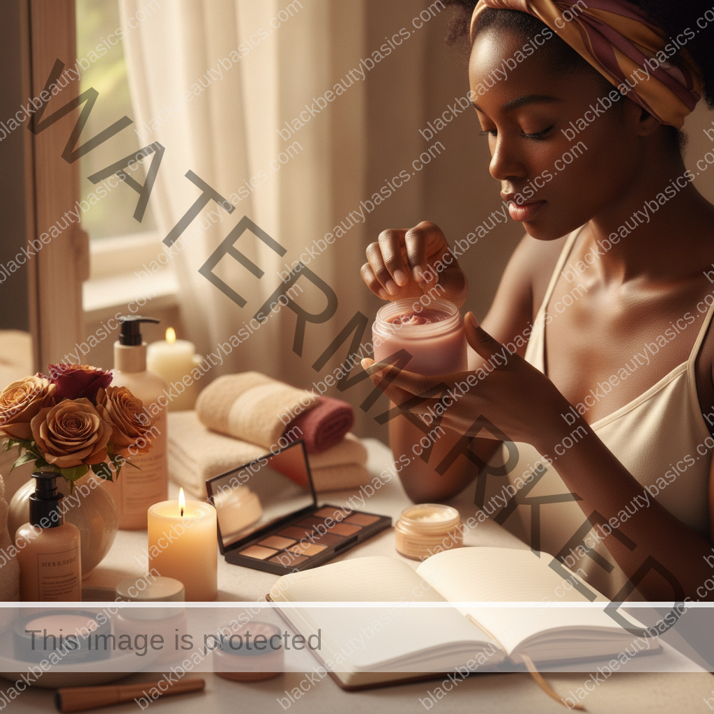 Melanin-rich Black woman with rich brown skin completing a gentle beauty ritual step with natural hands