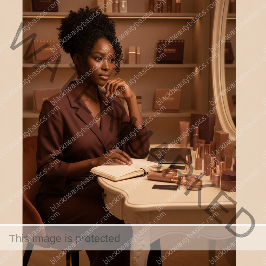 Melanin-rich Black woman with rich brown skin navigating beauty choices in a realistic editorial setting