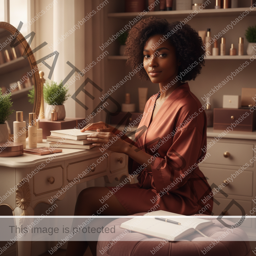 Melanin-rich Black woman with rich brown skin in a calm reflective beauty moment