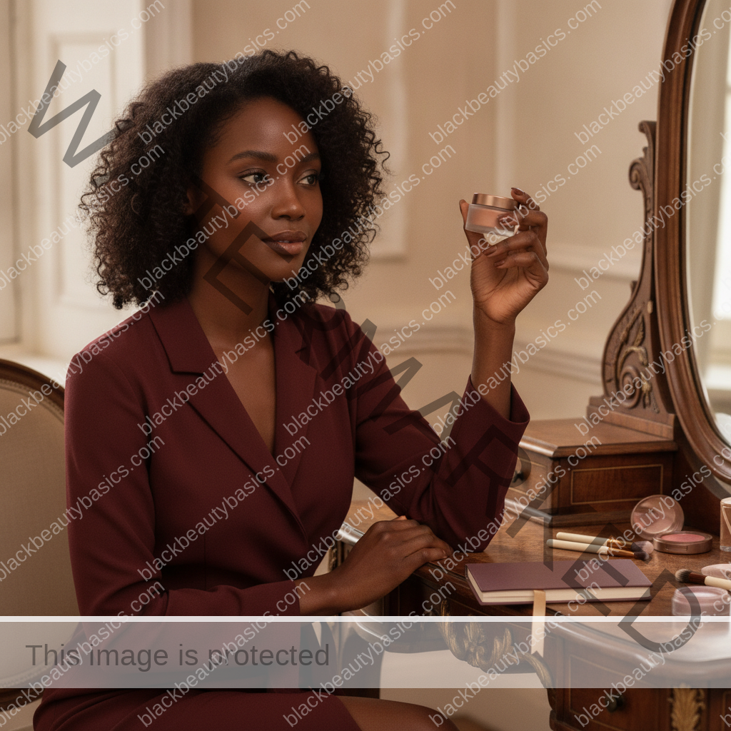 Melanin-rich Black woman pausing before a beauty purchase in a calm intentional shopping moment