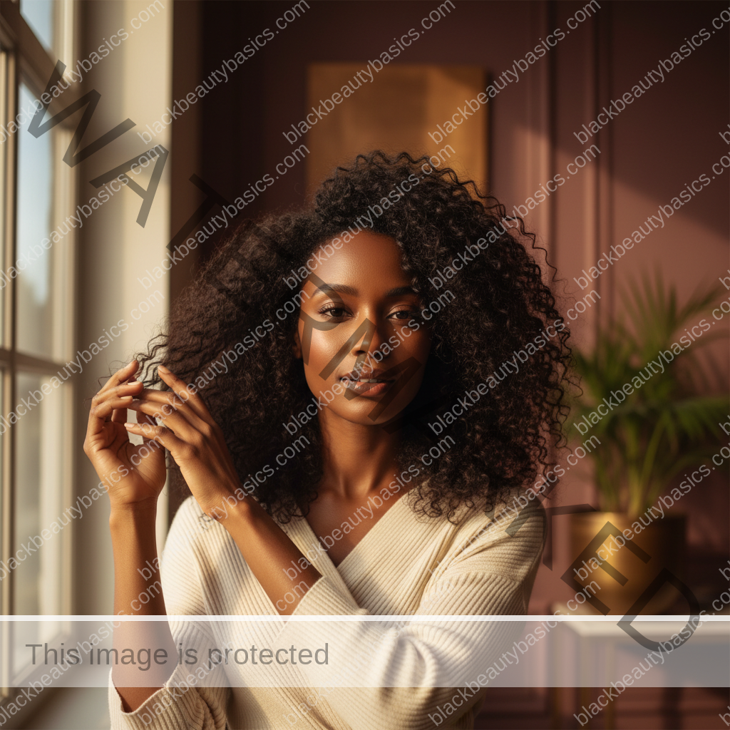 Melanin-rich Black woman with rich brown skin and textured hair relaxed after a gentle natural-hair routine