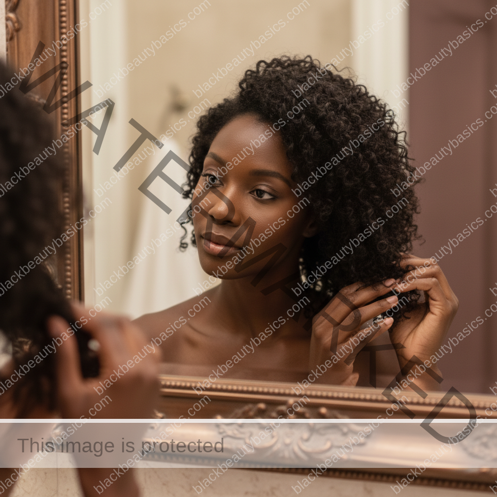 Melanin-rich Black woman with rich brown skin and textured hair in a calm mirror moment with natural hair