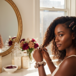 Melanin-rich Black woman with rich brown skin and textured hair in a warm editorial natural-hair routine moment for Stretching Natural Hair Without Too Much Heat
