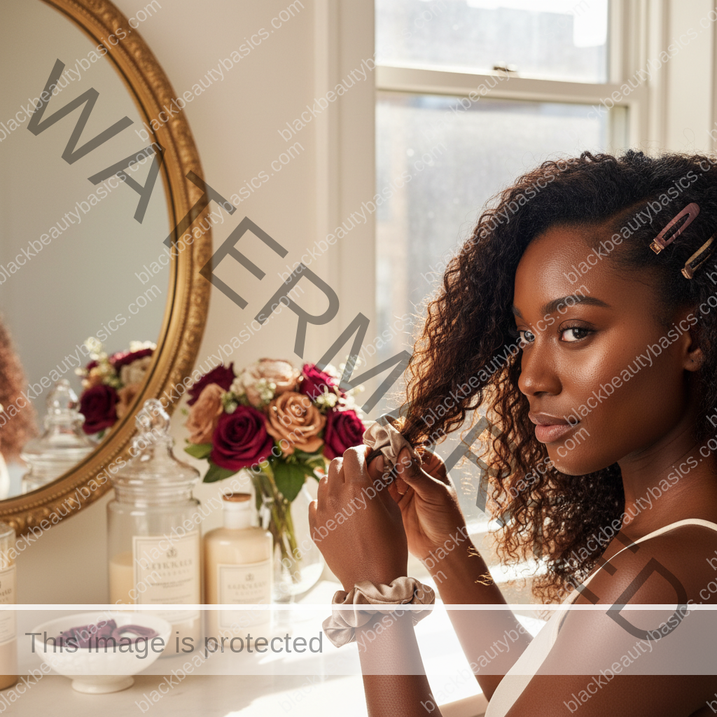 Melanin-rich Black woman with rich brown skin and textured hair in a warm editorial natural-hair routine moment for Stretching Natural Hair Without Too Much Heat