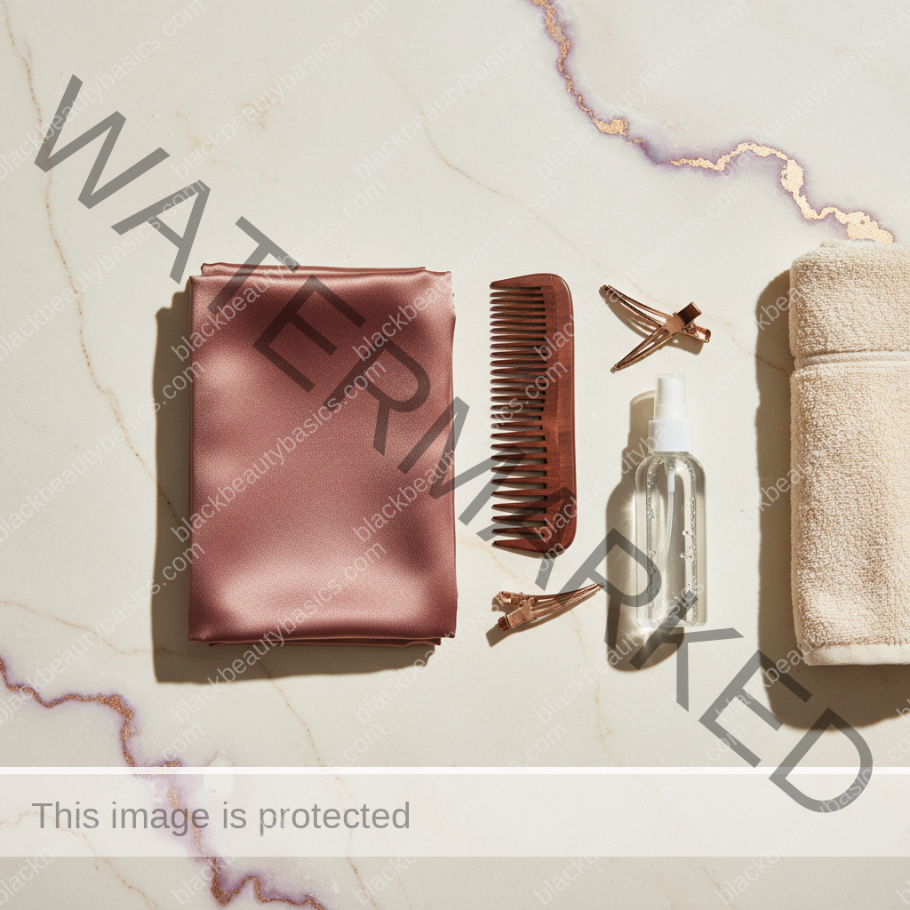 Natural-hair care essentials for Stretching Natural Hair Without Too Much Heat in ivory plum bronze and soft gold tones
