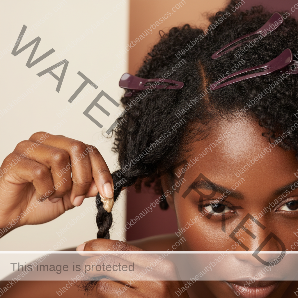 Melanin-rich Black woman with rich brown skin and textured hair using a practical natural-hair care step with natural hands and correct anatomy