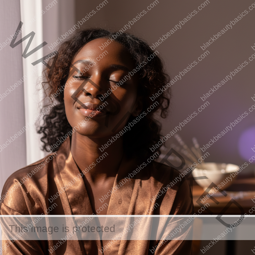 Black woman with deep skin relaxed after a gentle acne-safe skincare routine
