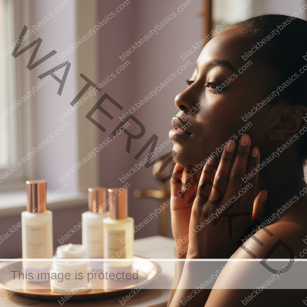 Black woman with richly melanated skin reflecting gently during an acne care routine
