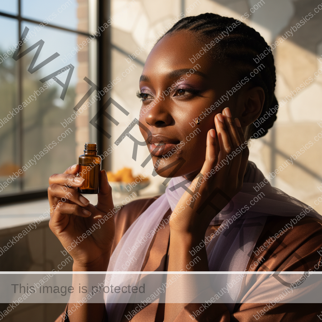 Black woman with deep skin in a calm acne-safe skincare moment for Sulfur Products for Acne-Prone Dark Skin: When They Help