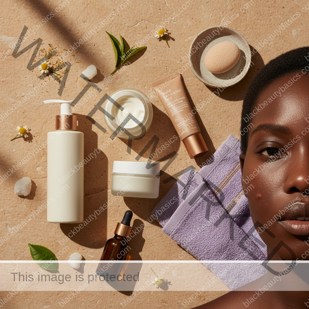 Acne-safe skincare essentials arranged for Sulfur Products for Acne-Prone Dark Skin: When They Help